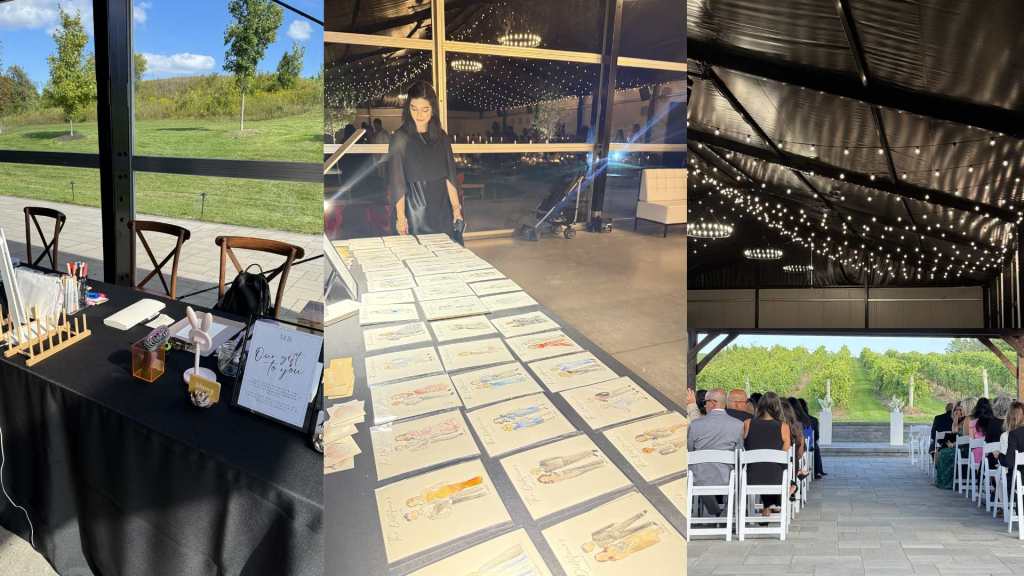 Photographs of Barrie's top wedding venue Heritage Estates Winery with Tehremy's live guest sketches displayed on a table