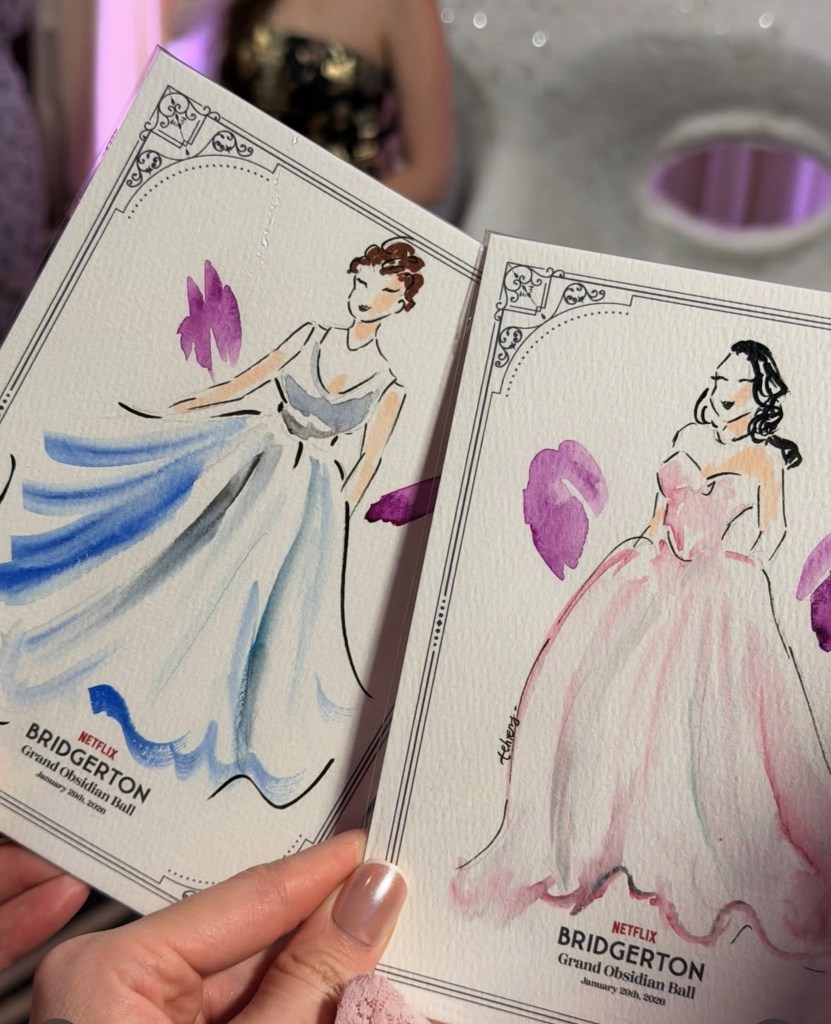 Picture of a live guest illustration by tehremy artist in Toronto for Bridgerton's premiere