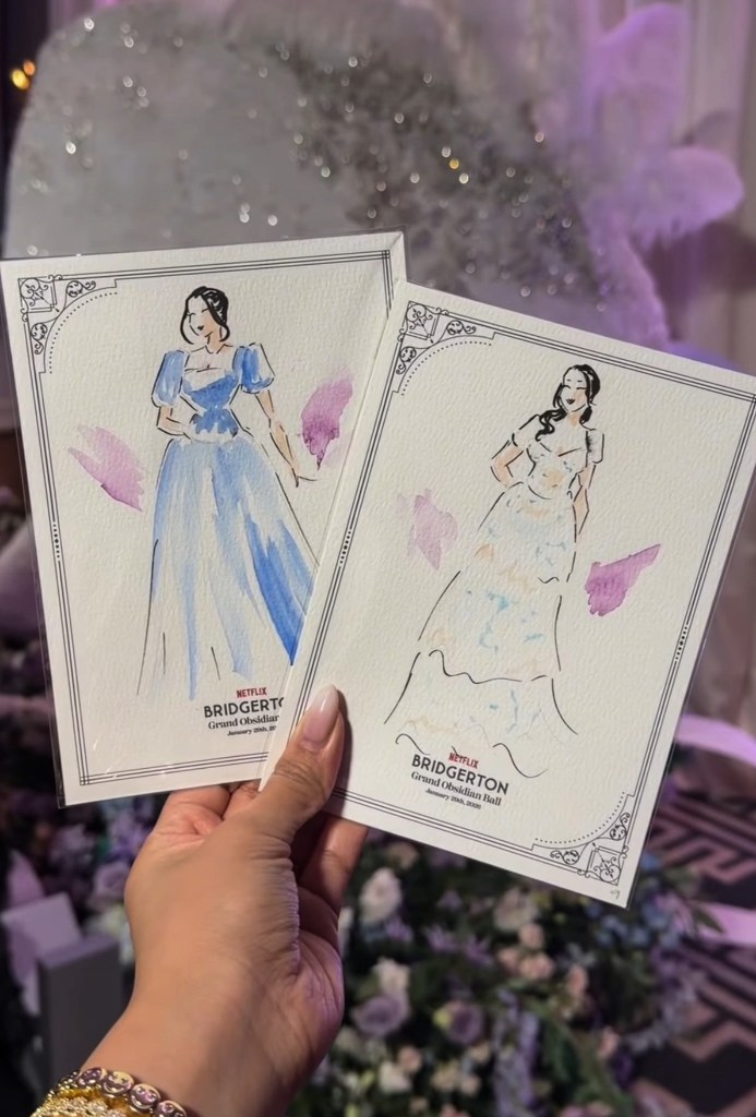 Picture of a live guest illustration by tehremy artist in Toronto for Bridgerton's premiere