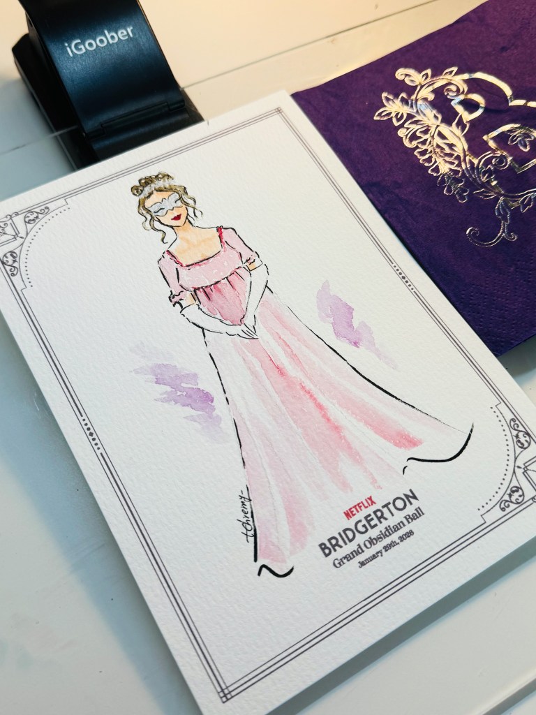 Picture of a live guest illustration by tehremy artist in Toronto for Bridgerton's premiere