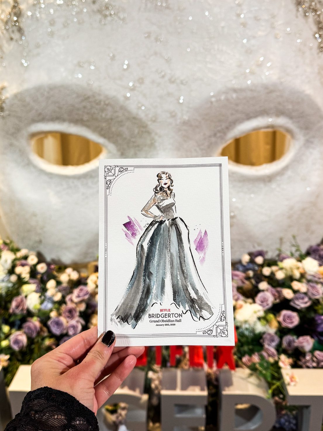 Picture of a live guest illustration by tehremy artist in Toronto for Bridgerton's premiere