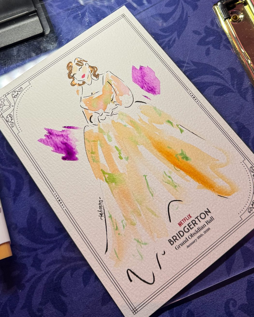 Picture of a live guest illustration by tehremy artist in Toronto for Bridgerton's premiere