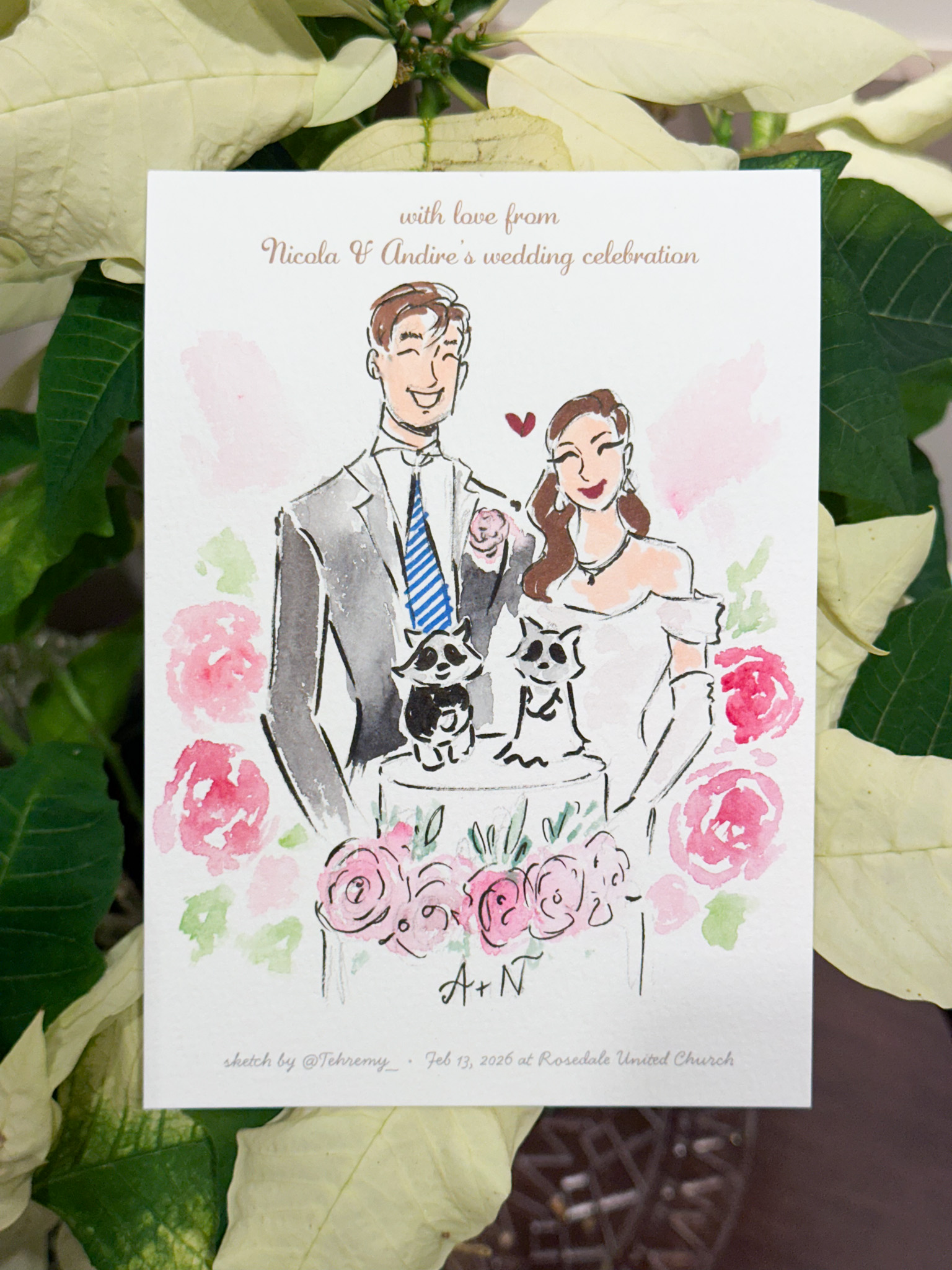 Custom live wedding sketch by Toronto artist Tehremy featuring a bride and groom smiling beside their floral wedding cake with personalized details.